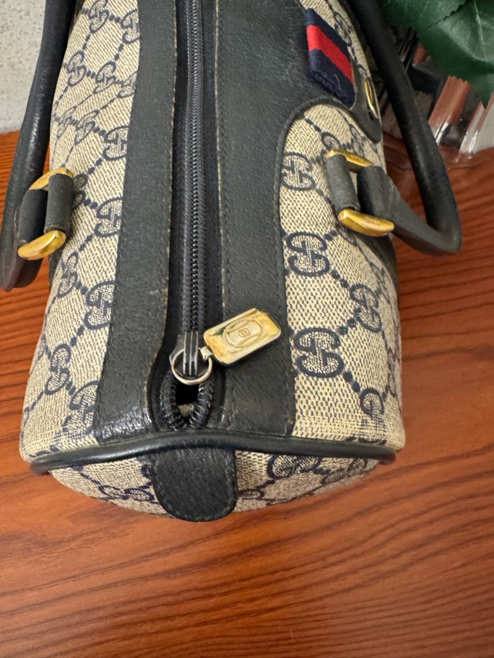 Gucci Beige GG Canvas Satchel with Navy Trim and Red-Blue Web - Picture 4 of 16